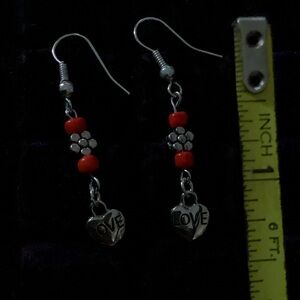 Silver and Red Heart Charm Earrings